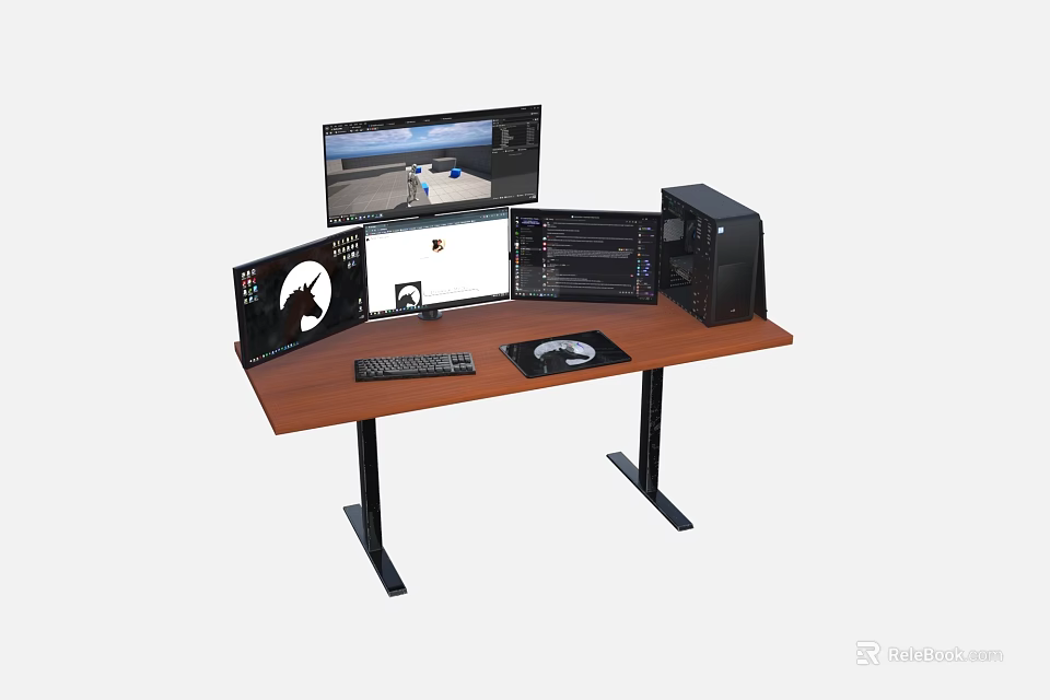 Wooden Computer Desk Setup With Multiple Monitors Keyboard Mouse Disc And Tower 3d model 