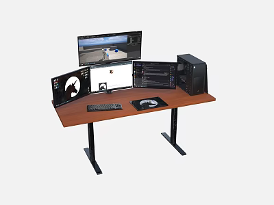Wooden Computer Desk Setup With Multiple Monitors Keyboard Mouse Disc And Tower 3d model
