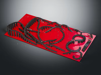 Train Track Model With Red Base And Black Curved Rails Design 3d model