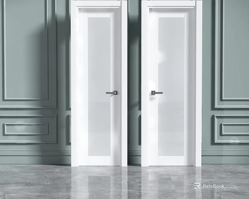White Double Hinged Doors With Glass Panels On Gray Paneled Walls And Polished Floor 3d model 