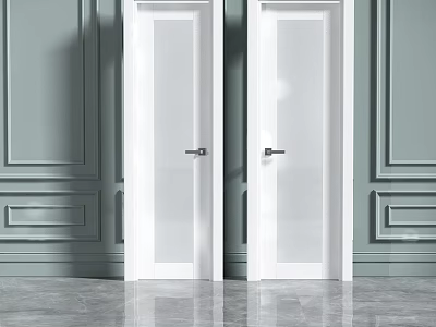 White Double Hinged Doors With Glass Panels On Gray Paneled Walls And Polished Floor 3d model