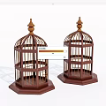 Two Brown Decorative Bird Cages With Hexagonal Base Ornate Spire Top Open Structure Design 3d model