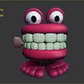 Playful Pink Cartoon Creature Smiling With Big Eyes White Teeth And Red Feet Holding Toothbrush