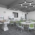 School Bright Learning Classroom With Hexagonal Hanging Lights Round Tables And Green Chairs 3d model
