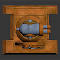 Mechanical Device With Orange Base Blue Upper Structure And Metallic Bolts On Reflective Surface