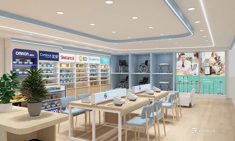 Modern Retail Store Interior With Shelves Tables Chairs And Potted Plant 3d model 