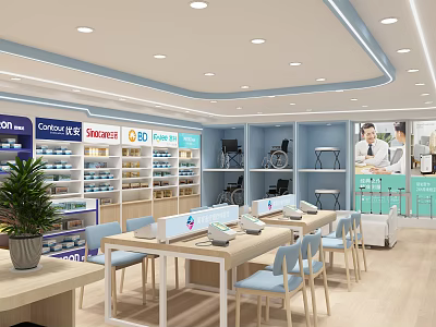 Modern Retail Store Interior With Shelves Tables Chairs And Potted Plant 3d model