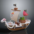 Cartoon Style Pirate Ship with Skull Design Sails Colorful Flags Green Plants and Decorative Bow