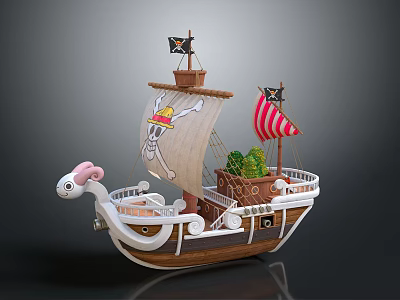 Cartoon Style Pirate Ship with Skull Design Sails Colorful Flags Green Plants and Decorative Bow 3d model