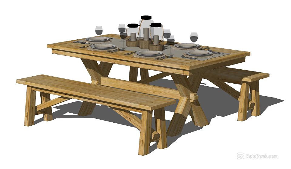 Rustic Wooden Dining Table Set With Bench Seats And Dishes With Wine Glasses 3d model 