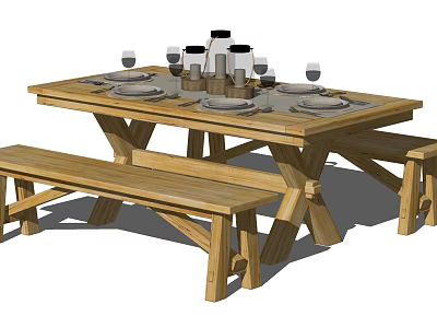 Rustic Wooden Dining Table Set With Bench Seats And Dishes With Wine Glasses 3d model