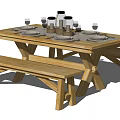 Rustic Wooden Dining Table Set With Bench Seats And Dishes With Wine Glasses