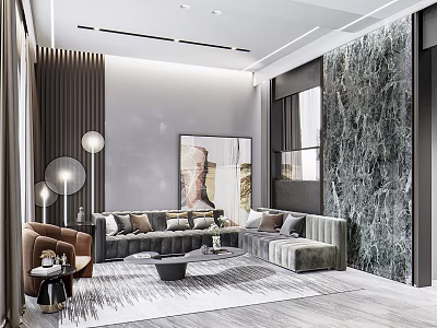 Modern Living Room Interior With Sofa Accent Chair Marble Wall Abstract Artwork And Floor Lamp 3d model