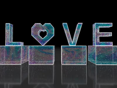 Sparkling LOVE Letters With Heart Shaped O On Black Background 3d model