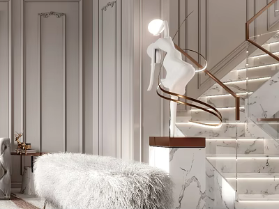 Plush White Stool In Elegant Interior With Marble Floor And Gold Railing Staircase 3d model