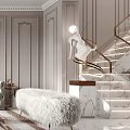 Plush White Stool In Elegant Interior With Marble Floor And Gold Railing Staircase