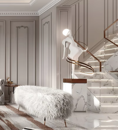 Plush White Stool In Elegant Interior With Marble Floor And Gold Railing Staircase 3d model