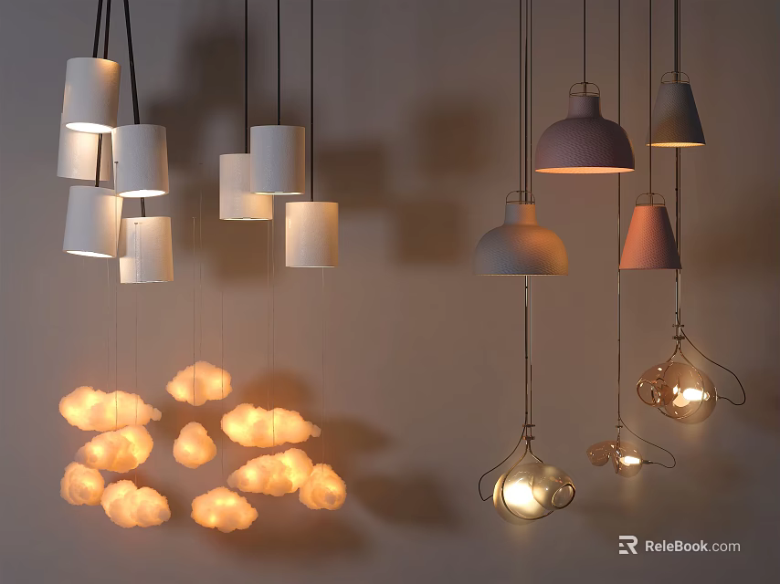 Stylish Pendant Lights With Cylindrical White Purple Brown Shades Cloud Shaped Metal Mesh Designs Illuminated 3d model 