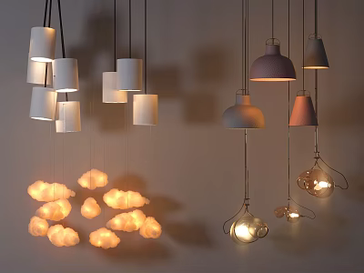 Stylish Pendant Lights With Cylindrical White Purple Brown Shades Cloud Shaped Metal Mesh Designs Illuminated 3d model