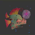 Green Fish Like Creature With Red Yellow Fins Sharp Teeth And Glowing Antenna Underwater Bubbles