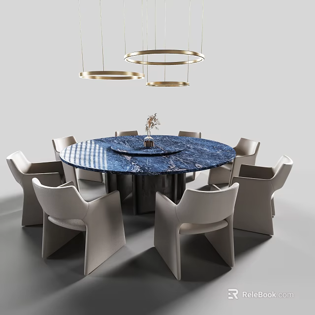 Modern Round Dining Table Set with Blue Marble Top and Gray Chairs under Pendant Lights 3d model 