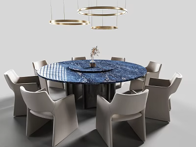 Modern Round Dining Table Set with Blue Marble Top and Gray Chairs under Pendant Lights 3d model