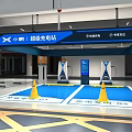 Xpeng Super Charging Station With Blue Floor Parking Spaces And Yellow Cones