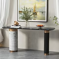 Modern Console Table Interior With Black Countertop White Curtains Wall Painting And Potted Plant