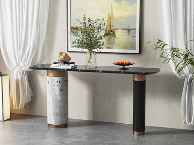 Modern Console Table Interior With Black Countertop White Curtains Wall Painting And Potted Plant 3d model