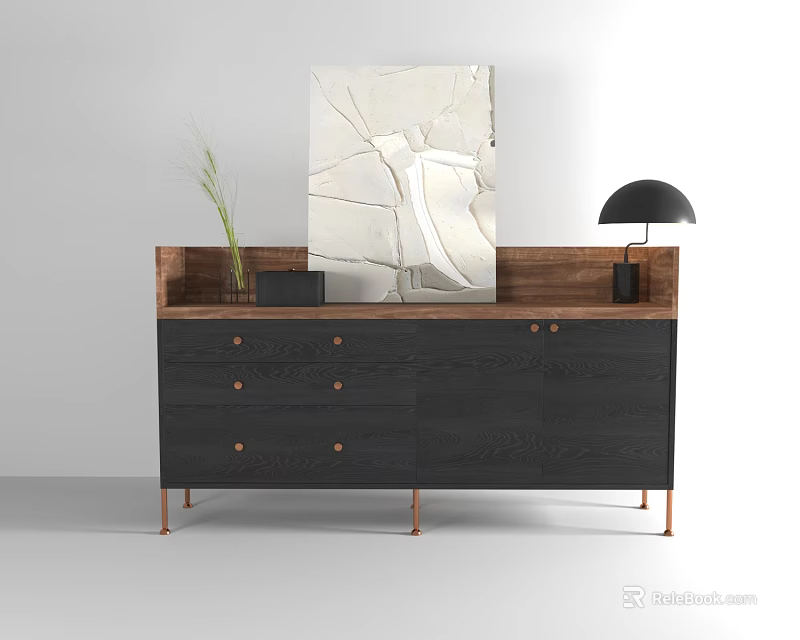 Modern Entryway Console Cabinet With Dark Wood Drawers Metal Legs Decorative Painting And Table Lamp 3d model 