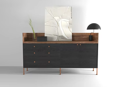 Modern Entryway Console Cabinet With Dark Wood Drawers Metal Legs Decorative Painting And Table Lamp 3d model