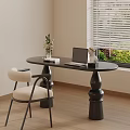 Modern Study Room With Oval Black Desk Laptop Vase Cat Ornament And Chair