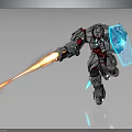 Robot Character With Blue Shield Arm Emitting Orange Beam And Silver Red Blue Mechanical Armor