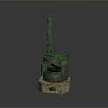 Old Fashioned Household Stove With Brick Base Chimney And Burning Red Flames