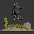 Adventurous Cartoon Character Riding Brown Horse In Desert With Green Cactus Grass And Rock