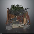 Rustic Outdoor Campsite Structure With Canvas Tent Vines Wooden Crates And Stones