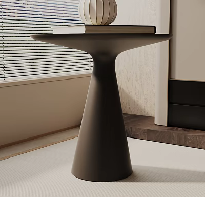 Modern Dark Colored Bedside Table With Round Top And Books On Wooden Background 3d model