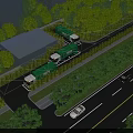 Aerial View of Urban Road With Green Trucks Trees and Buildings