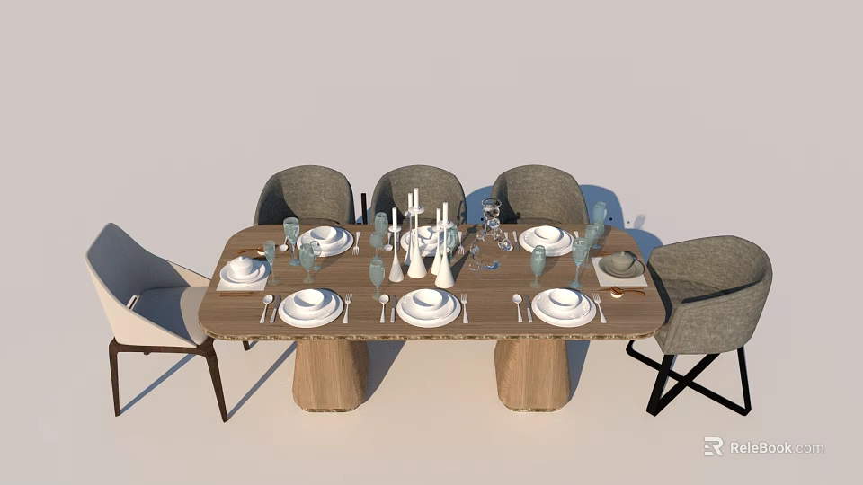 Wooden Dining Table Set With Gray Beige Chairs Tableware And Candle Holders 3d model