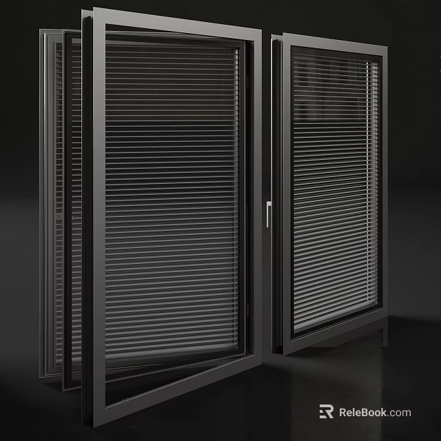 Modern Aluminum Casement Window Featuring Sleek Black Frame And Built In Blinds 3d model 