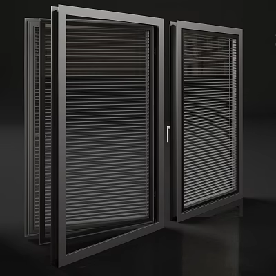 Modern Aluminum Casement Window Featuring Sleek Black Frame And Built In Blinds 3d model