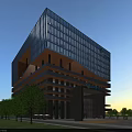 Modern Office Building With Glass Facade Multi Level Structure And Trees Around Sunset View