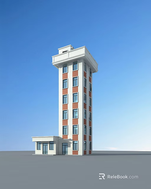 Modern Tower With Red And White Exterior Multiple Windows And Blue Sky Background 3d model