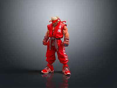 Muscular Man In Red Martial Arts Outfit With Headband And Red Shoes 3d model