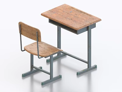 Simple Wooden Desk And Chair Set With Metal Frame For Home Office 3d model
