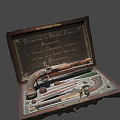 Antique Pistol Set Displayed in Wooden Case with Accessories and Tools