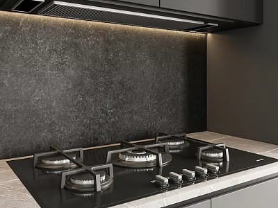 Modern Kitchen Interior With Black Countertop Gas Cooktop Dark Textured Backsplash And Range Hood 3d model