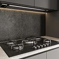 Modern Kitchen Interior With Black Countertop Gas Cooktop Dark Textured Backsplash And Range Hood