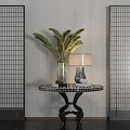 Chinese Style Decorative Flower Table With Green Plants Lamp And Lattice Screens