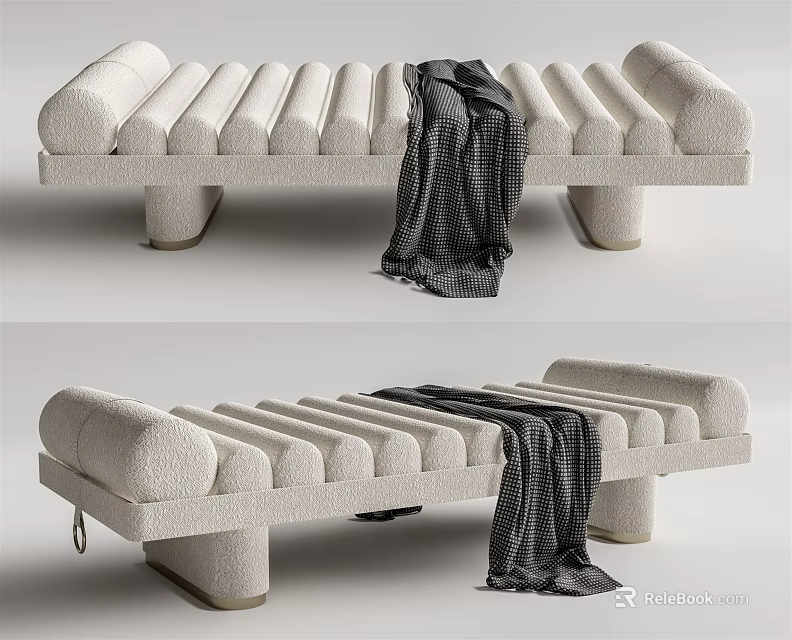 White Cylindrical Padded Ottoman with Dark Checkered Blanket Placed on Top 3d model 